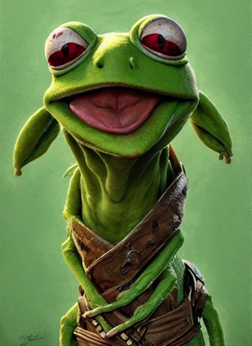 Image similar to portrait of Kermit the frog in Evil Dead (2013), highly detailed, centered, solid color background, digital painting, artstation, concept art, smooth, sharp focus, illustration, artgerm, donato giancola, Joseph Christian Leyendecker, Les Edwards, Ed Repka, WLOP