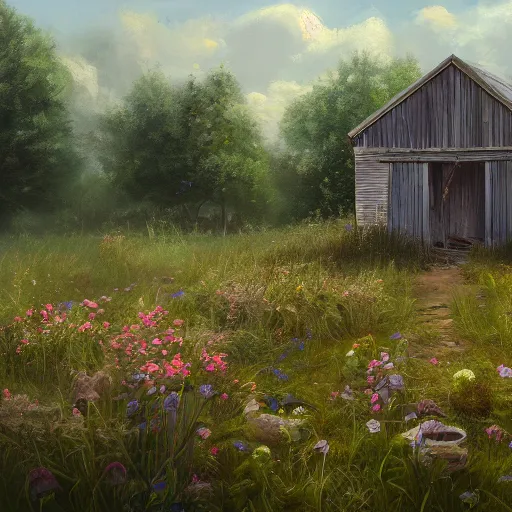 Prompt: a matte painting of a midwestern countryside, shack close up, very overgrown, patchy flowers, oil painting, pale colors, high detail, 8 k, wide angle, trending on artstation