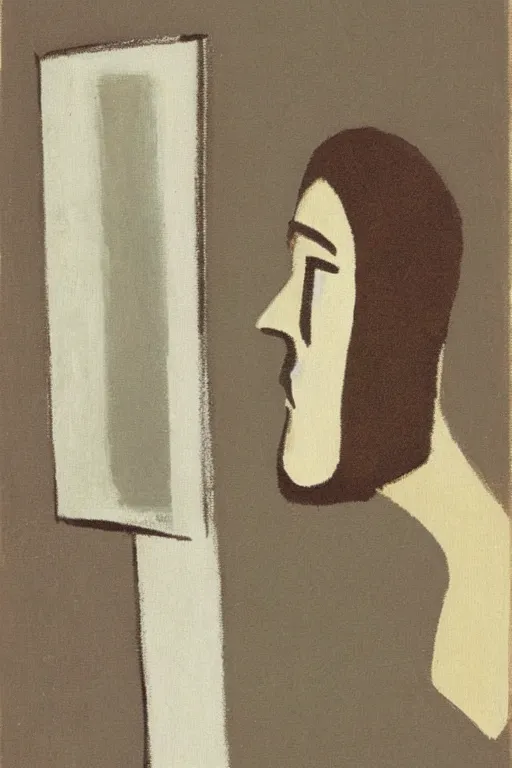 Image similar to man looking into a mirror, 1960’s minimalist advertising illustration, painterly, expressive brush strokes