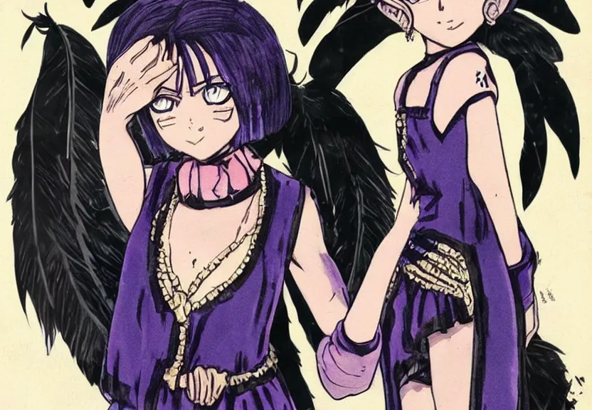 Image similar to beautiful little girl with a short black haircut wearing a dress made of black feathers, artwork in jojo bizarre adventure art style, anatomically perfect