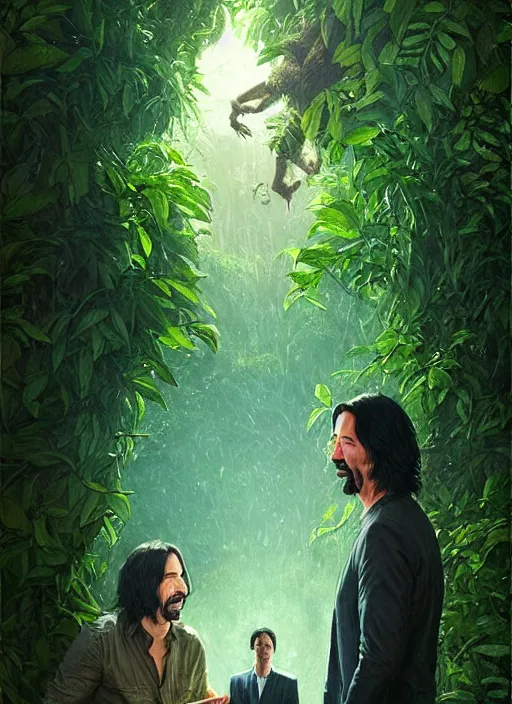 Image similar to highly detailed comedy caper movie poster with silly wacky zany keanu reeves hiding in leaves, keanu reeves face inside a leafy bush by greg rutkowski