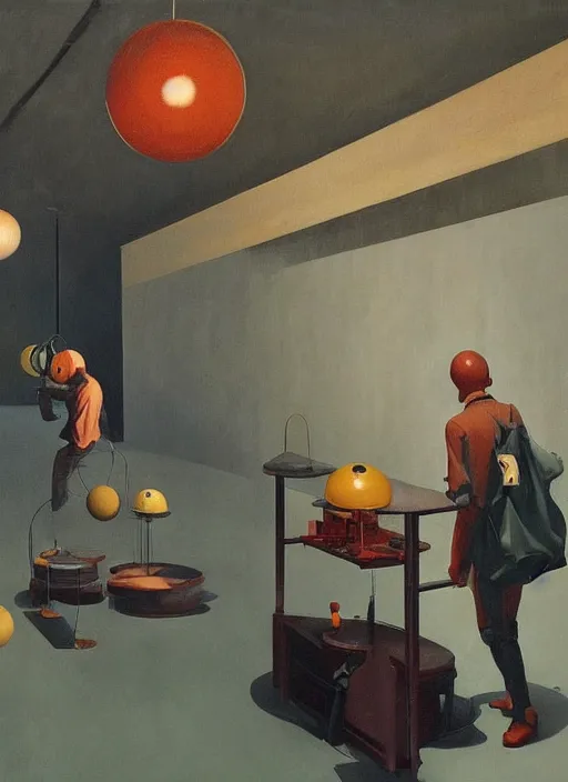 Prompt: spherical people gas masks at flooded restaurant Edward Hopper and James Gilleard, Zdzislaw Beksinski, open ceiling, highly detailed, painted by Francis Bacon, painted by James Gilleard, surrealism, airbrush, Ilya Kuvshinov, WLOP, Stanley Artgerm, very coherent, art by Takato Yamamoto and James Jean