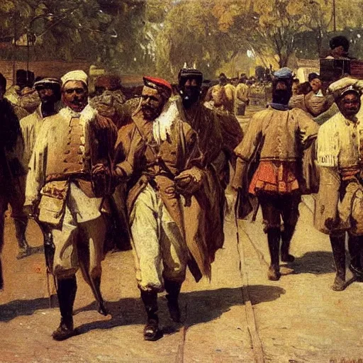 Image similar to Colonial officers walking through Lagos, 1885, bright, highly detailed, oil on canvas, by Ilya Repin