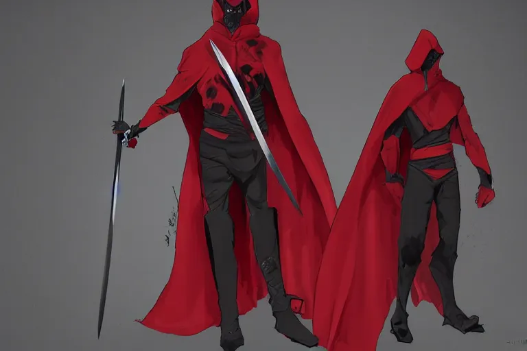 Prompt: a twin blade muscular swordsman, red and black cape and hoodie, scary, intimidating, worn out clothes, torn clothes, concept by James Paick