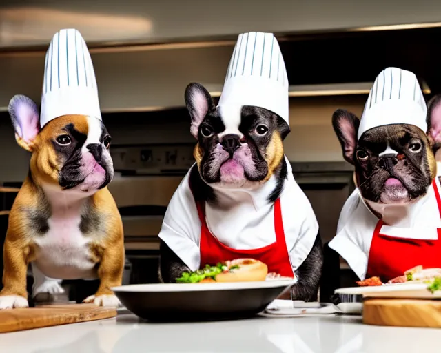 Prompt: a 8k highly detailed still photo by David Bailey of Two multi-colored French Bulldogs in chef hats and aprons starring on a cooking show, a high end kitchen in the background, bokeh