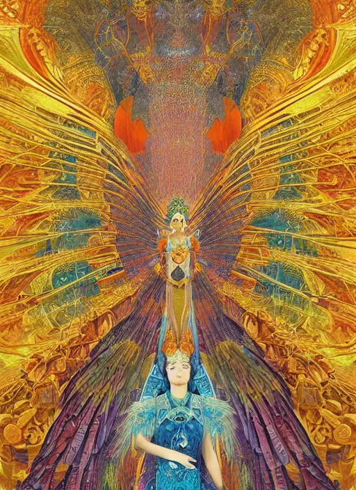 Prompt: Temple of the bird tribe, giant majestic archways, waterfalls, Chinese style temple, fractal, rah, falcon spirit, crystals, huge wings, giant sun mandala, parallax poster composition, women goddess standing with angel wings, perfect symmetry by John James Audubon, Gustav Klimt, Alphonse Mucha, Peter Mohrbacher, art deco, tarot card