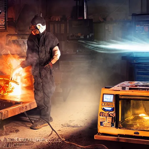 Image similar to cyborg toaster oven repairman, dark messy smoke - filled cluttered workshop, dark, dramatic lighting, orange tint, sparks, plasma rays, cinematic, highly detailed, sci - fi, futuristic, movie still