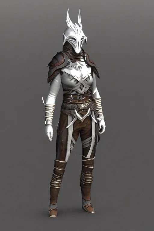 Image similar to female adventurer in tight full - body leather armor of dunmer design with white porcelain crow mask, trending in artstation, establishing shot