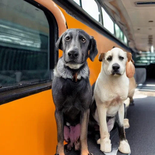 Image similar to a photo of two dogs sitting in front of the bus