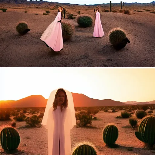 Prompt: a vogue photoshoot of a woman wearing transparent bubbles. the woman stands in the desert, next to a huge cactus - n 4