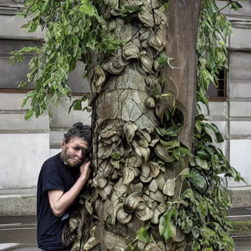 Image similar to The art installation shows a man caught in a storm, buffeted by wind and rain. He clings to a tree for support, but the tree is bent nearly double by the force of the storm. The man's clothing is soaked through and his hair is plastered to his head. His face is contorted with fear and effort. art nouveau by Ford Madox Brown, by Henri-Edmond Cross unplanned