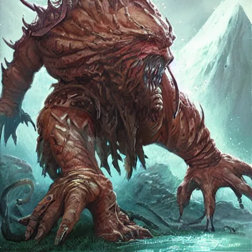 Image similar to elder giant - creature - 5 cc - when elder giant enters the battlefield, you may have it deal damage to target creature or player equal to the number of creatures you control. - the elder giants are the wise ones, the ones who have seen it all. magic the gathering, card illustration, painting, fantasy, detailed