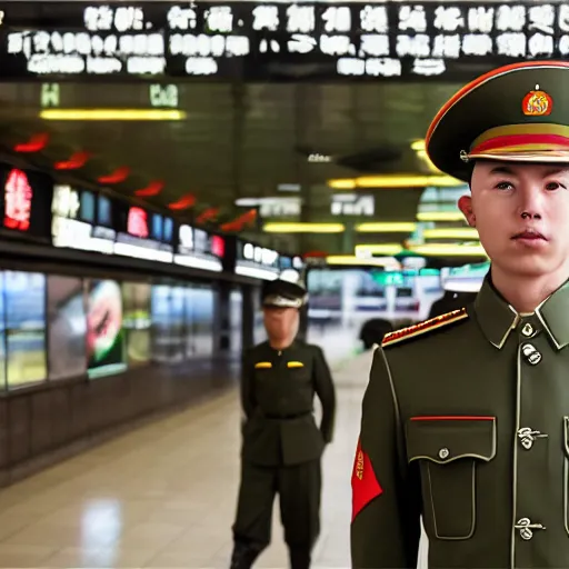 Prompt: cinematic shot of a bald young white man wearing a green chinese maoist military uniform standing in a Subway restaurant, 8k, very intricate, very detailed,