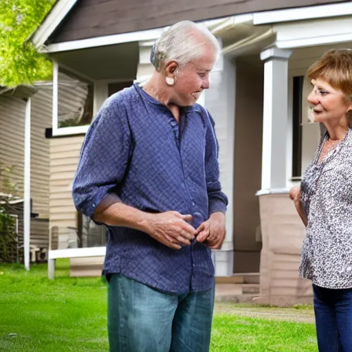 Image similar to a man and a woman around 3 0 years are standing in the backyard of a downtown home. realistic colors, detailed photo 8 k