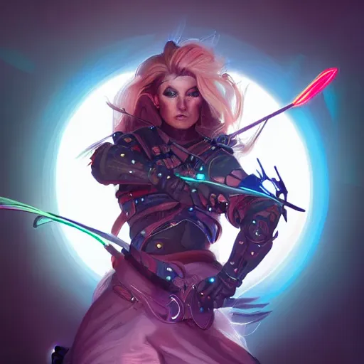 Prompt: action portrait of an astonishing beautiful futuristic archer, glowing neon bow, dungeons and dragons character concept style, realistic, anatomically correct, artgerm and peter mohrbacher style, 4k