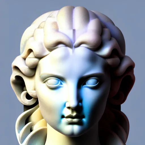 Prompt: sci - fi cgartist wide shot anaglyph ambient occlusion rendering of a hyper realistic marble greek statuary beautiful goddess head product photo bright white backdrop high key colored lighting, trending on artstation