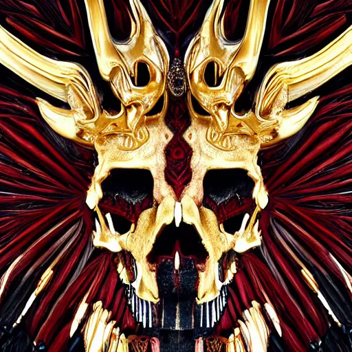 Image similar to portrait closeup of half wolf skull half iroquois warrior skull, dramatic lighting, circural, golden ornaments, symmetric, intricate skeletal decorations, symmetry, highly detailed, concept art, black, glimpse of red, white, gold layers, centered, style of nekroxiii, hyperrealistic, black background, smoke