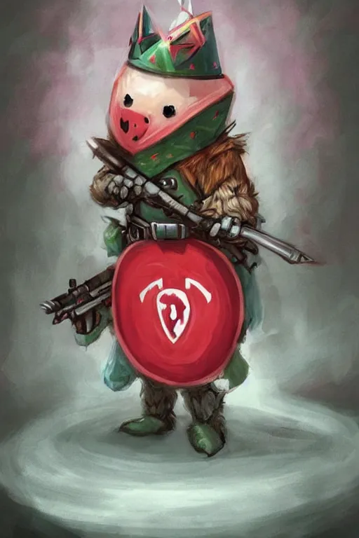 Image similar to cute anthropomorphic watermelon knight wearing a cape and a crown and holding a sniper, tiny, small, miniature bear, baby animal, short, pale blue armor, cute and adorable, pretty, beautiful, DnD character art portrait, matte fantasy painting, DeviantArt Artstation, by Jason Felix by Steve Argyle by Tyler Jacobson by Peter Mohrbacher, cinematic lighting