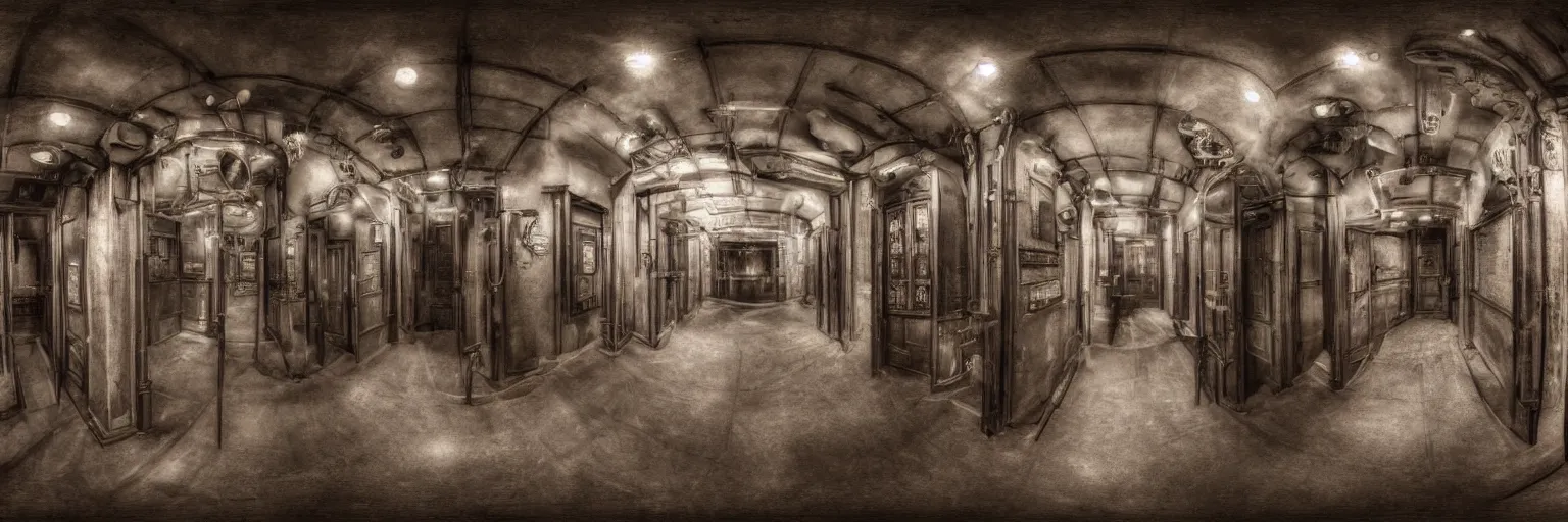 Image similar to dimly lit, theatre access corridor background, 3 doors, fish eye, steampunk