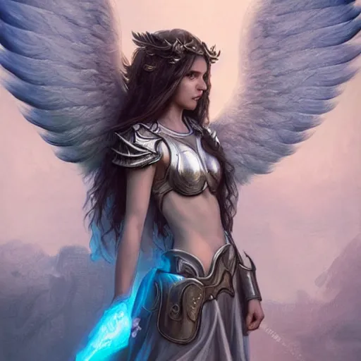Prompt: portrait of young aasimar angel valkyrie warrior girl maiden wearing comfy leather armor with beautiful feathered angel wings, blue eyes, Emily Ratajkowski, innocent, intricate, elegant, highly detailed, ultradetailed, hyperdetailed, artstation, concept art, smooth, sharp focus, illustration, art by artgerm and greg rutkowski and alphonse mucha, Blizzard, Elden Ring