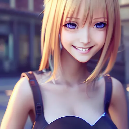 Image similar to a very beautiful 3d anime girl on the street, unreal engine 5 4k render, hazler eyes, cute smile, incredibly high detailed, studio quality, trending on artstation, medium shot, long blonde hair