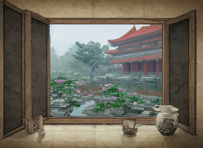 Prompt: view through window, magnificent city in ancient china in late spring, flowers will fade, some fog, realistic style, high details, scene concept., trending on artstation