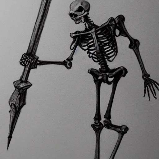 Image similar to pencil sketch of a skeleton with a cane sprinting, concept art