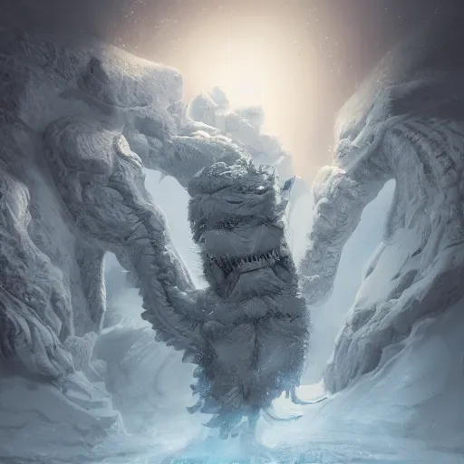 Image similar to A monster in the Arctic covered in snow, fractal Lighting, by Stanley Artgerm Lau, WLOP, Rossdraws, James Jean, Andrei Riabovitchev, Marc Simonetti, and Sakimichan, trending on artstation