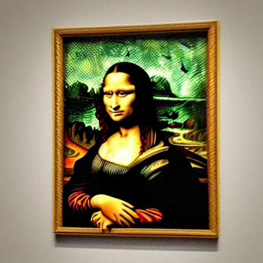 Prompt: mona lisa with a bottle of jenever in schiedam in the style of van gogh