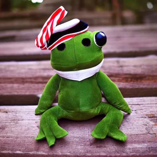 Image similar to stuffed animal frog wearing a sailor suit, plushie photography,