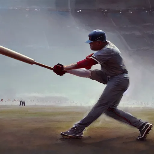 Image similar to baseball player hitting the ball with the baseball bat in the middle of the game and in front of everyone in the stadium, james gurney painting style, greg rutkowski, artstation