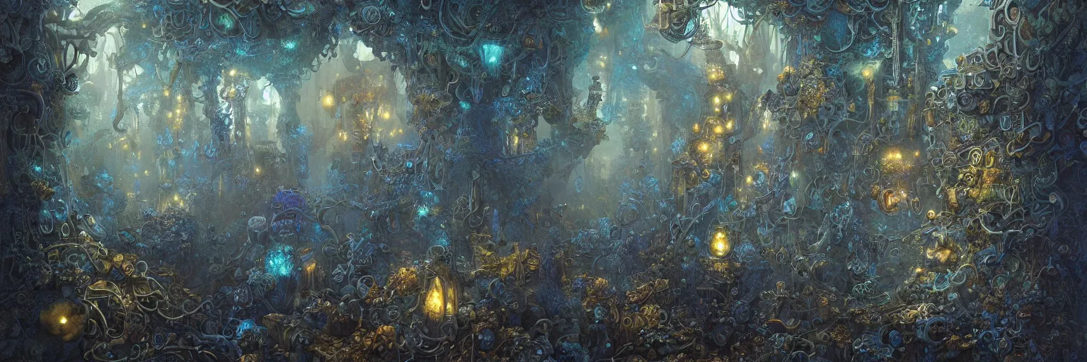 Image similar to Marc Simonetti, Mike Mignola, smooth liquid metal with detailed line work, Mandelbrot flowers and trees, Exquisite detail, blue neon details, hyper detailed, intricate charcoal illustration, golden ratio, steampunk, smoke, neon lights, steampunk forest background, liquid polished metal, by peter mohrbacher