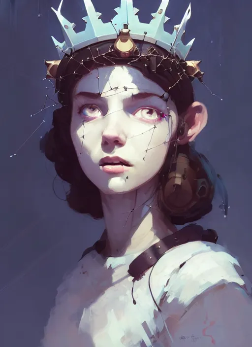 Image similar to portrait of cute angel maiden girl with crown of thorns and white short hairs, warhammer, cyberpunk, by atey ghailan, by greg rutkowski, by greg tocchini, by james gilleard, by joe gb fenton, by kaethe butcher, dynamic lighting, gradient light blue, brown, blonde cream and white color in scheme, grunge aesthetic