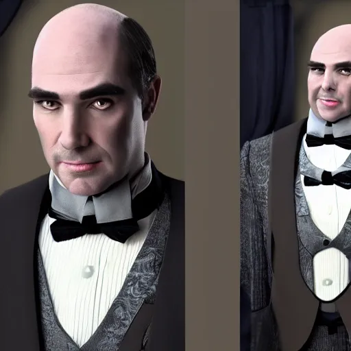 Prompt: older fantasy butler that looks similar to michael kane, full body portrait, handsome, 4 k, tarot card style, photo realistic, balding, well dressed, pet rat on shoulder