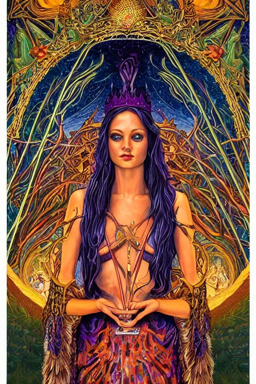 Prompt: beautiful tarot card of the queen of dreams by dan mumford and carol bak and alex grey, oil on canvas, intricate, border, symmetrical, portrait, 8k highly professionally detailed, HDR, CGsociety