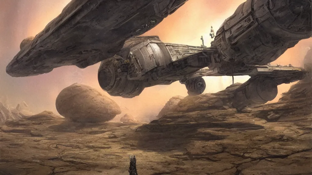 Image similar to small organic dropship lander by john schoenherr and jim burns, epic cinematic matte painting