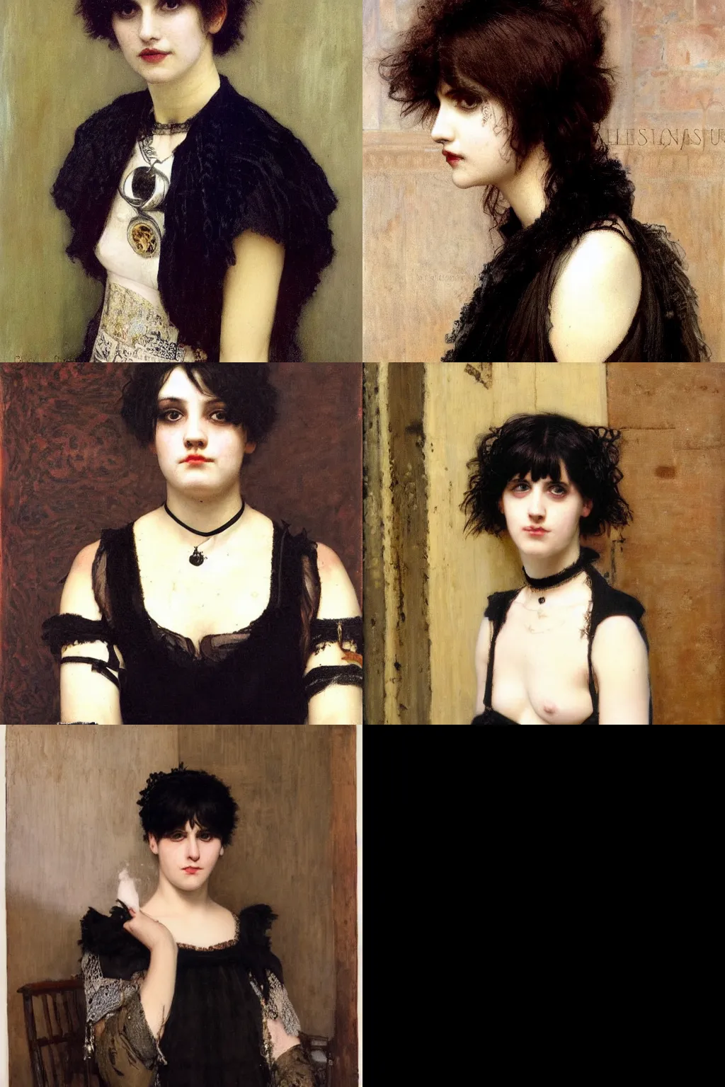 Prompt: a goth portrait painted by lawrence alma - tadema. her hair is dark brown and cut into a short, messy pixie cut. she has a slightly rounded face, with a pointed chin, large entirely - black eyes, and a small nose. she is wearing a black tank top, a black leather jacket, a black knee - length skirt, and a black choker.