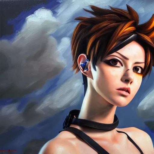 Prompt: oil painting of tracer overwatch in a field, in style of mark arian, expressive face, very detailed face, wearing black leather choker, very detailed eyes, full body, feminine face, detailed makeup on eyes,