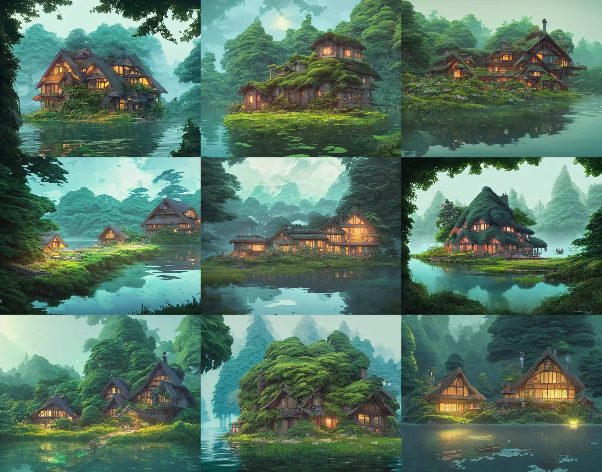 Prompt: Cottage in the middel of a lake by Studio Ghibli, solarpunk, optimist future, exhuberant vegetation, by Asher Durand and Tooth Wu and wlop and dan mumford and greg rutkowski and nekroxiii, intricate artwork, octane render, cinematic, hyper realism