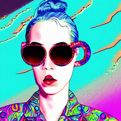 Prompt: a digital portrait of leana lovings wearing slotted sunglasses and a poncho, vaporwave style, digital art, detailed, psychedelic art, silly attitude