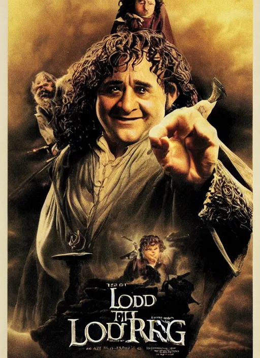 Image similar to the lord of the ring promo poster Frodo Baggins played by Danny DeVito with the one ring directed by peter jackson