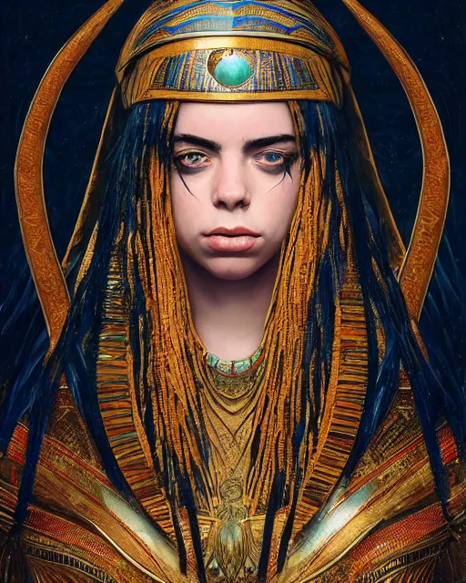 Image similar to Billie Eilish as a beautiful egyptian princess, gorgeous, portrait, Symmetrical, powerful, intricate, beautiful, masterpiece, elegant, volumetric lighting, highly detailed, artstation, sharp focus, no cropping, illustration, Jean-Leon Gerome , ruan jia