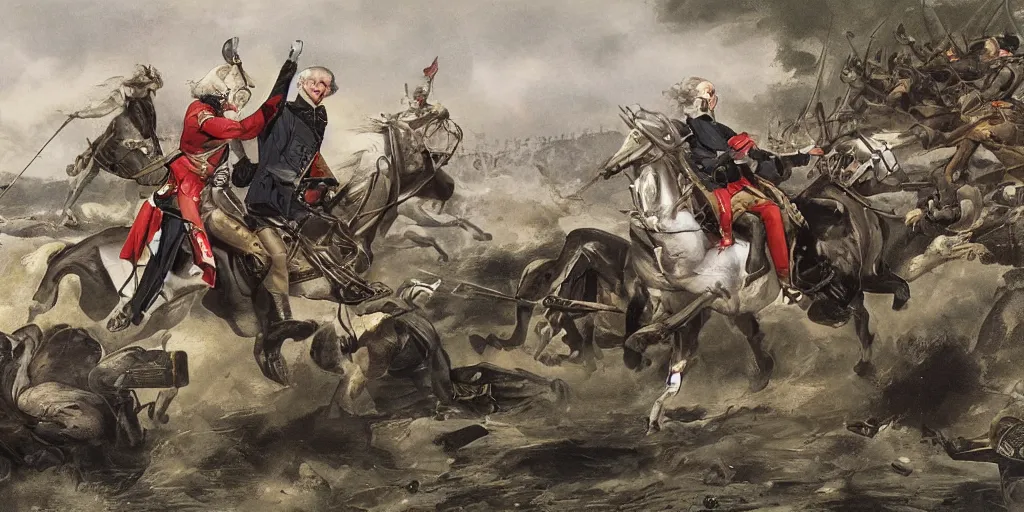 Image similar to George Washington rides a motorcycle to attack the British army in the revolutionary war, epic, cinematic, concept Art, detailed, 4K