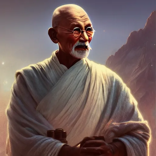 Image similar to a photorealistic portrait of ghandi as a jedi in star wars cinematic lighting, photorealistic, octane render, 8 k, depth of field, 3 d, art by artgerm and greg rutkowski and alphonse mucha and uang guangjian and gil elvgren and sachin ten