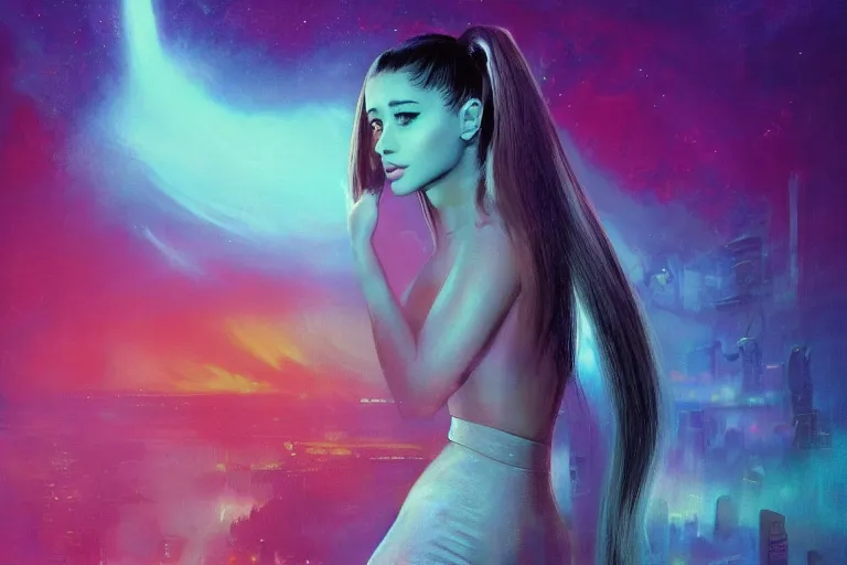 Image similar to ariana grande in the style of johan grenier and john picacio and alan m. clark, trending on artstation, bioluminescence tilt - shift blade runner 2 0 4 9, crayon art, futuresynth, splash art, post - minimalism