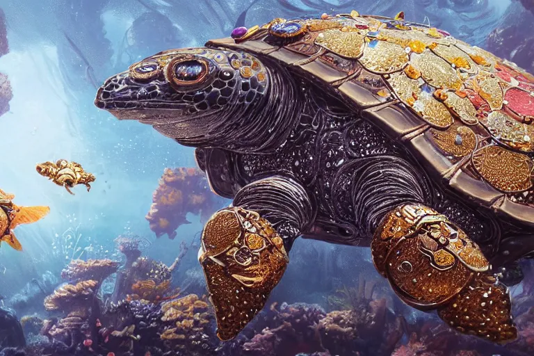Image similar to beautiful painting of a huge caretta wearing an armour of jewels incrusted with golden beetles in vast ocean coral reef, water bubbles, intricate details, jewel fishes, realistic shaded , steampunk, highly detailed, artstation, illustration by Greg Rutkowski and Ruan Jia , octane render, 4k, dynamic light, volumetric light, neon lights, cinematic mood