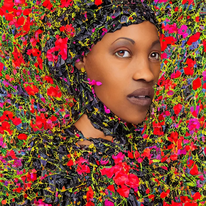 Image similar to a closeup portrait of a woman wearing a cloak made of plastic and mud, in an infinite landscape of flowers, photograph by kehinde wiley, canon eos c 3 0 0, ƒ 1. 8, 3 5 mm, 8 k, medium - format print