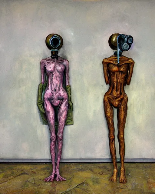 Prompt: Two skinny figures, wearing gas masks connected to their hearts, draped in silky gold, green and pink, inside an abandoned hospital room, they sit next to a small door where the world is on fire, loss in despair, transhumanist speculative evolution, depth of field, in the style of chaim soutine, Esao Andrews, Jenny Saville, Adrian ghenie, (((Edward Hopper))), surrealism, dark art by Beksinski, Takato Yamamoto