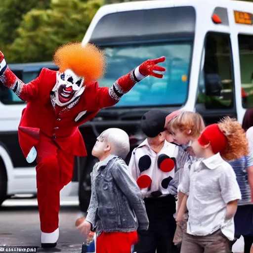 Prompt: a creepy clown attacks a crowd with a mini bus, live crime scene footage from a news