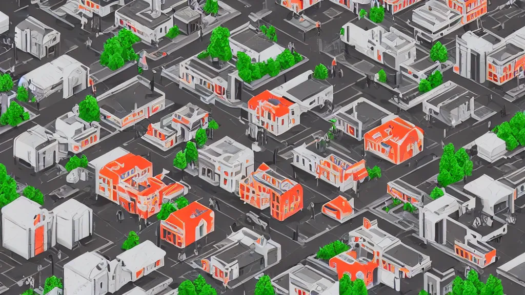 Prompt: infrared resounding isometric stencil village / city setting